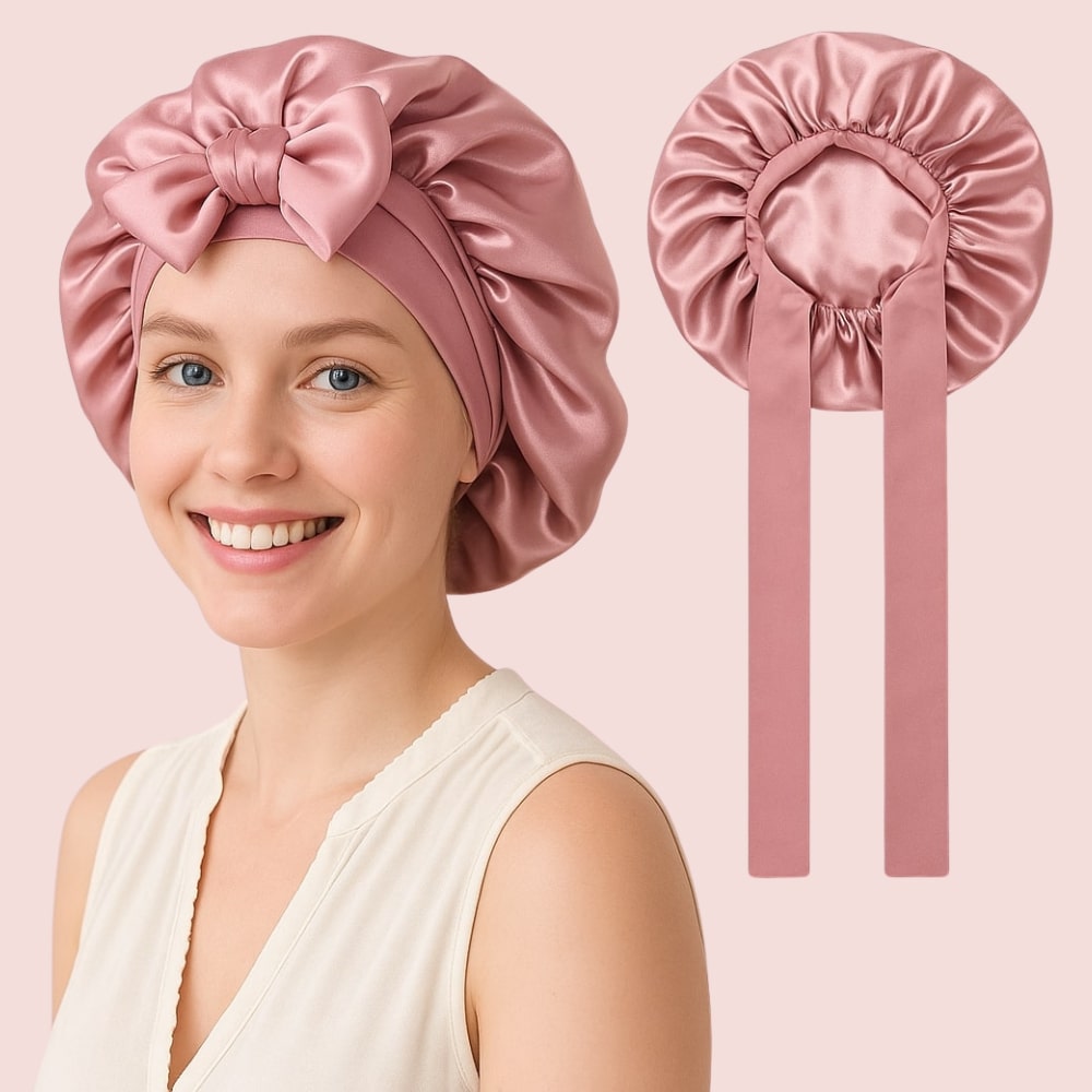 Bonnet satin rose protection cheveux nuit anti-frisottis